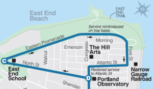 An image showing Metro Route 1 service running along Eastern Promanade to Atlantic Street.