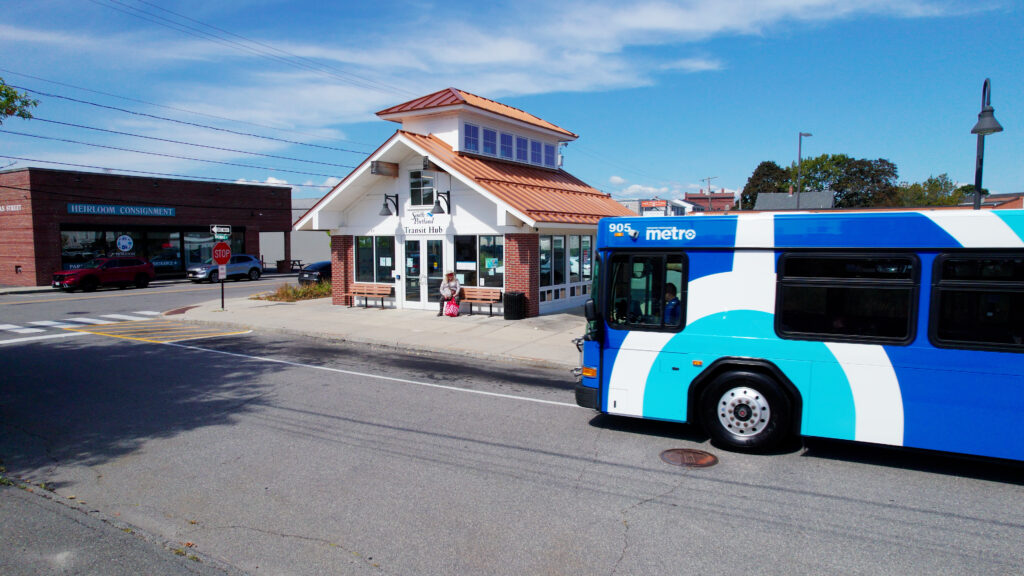A Metro bus stopped at the South Portland Transit Hub on Thomas Street.
