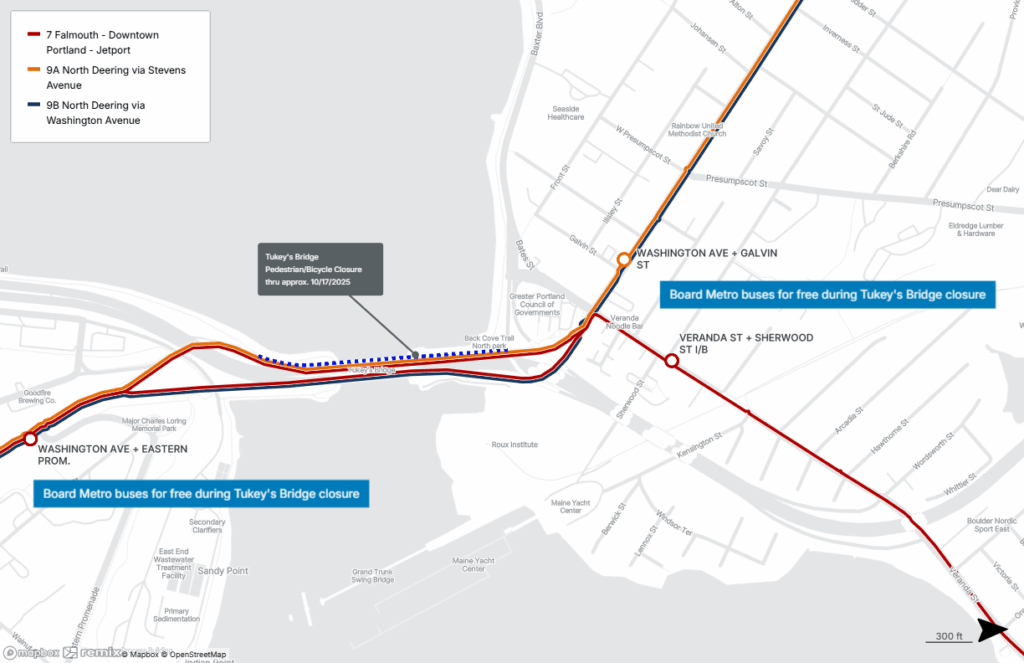 Image depicting Routes 7, 9A, and 9B in the vicinity of Tukey's Bridge and the three bus stops where free boarding will be permitted during the closure.
