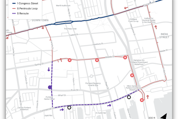 A map showing existing and rerouted Greater Portland Metro Route 8 service in Portland, Maine's Old Port.