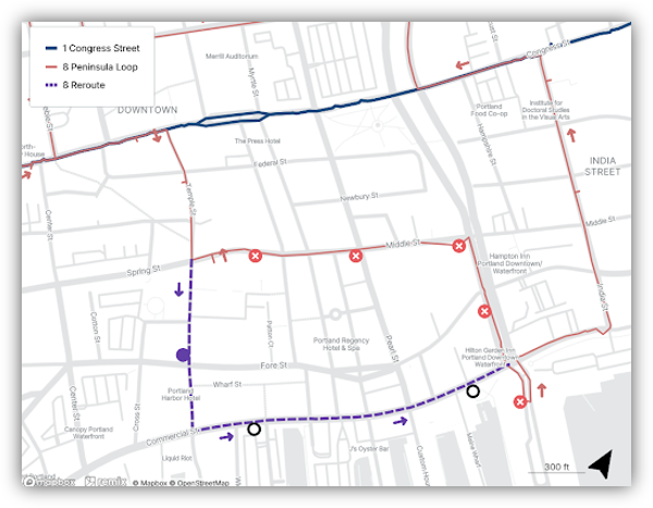 A map showing existing and rerouted Greater Portland Metro Route 8 service in Portland, Maine's Old Port.