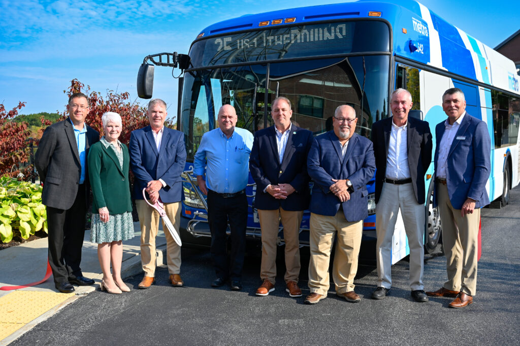 GP Metro Route 25 Ribbon Cutting. Left to right- Glenn Fenton, Greater Portland Metro Executive Director, Linda Cohen, Greater Portland Metro Vice President of the Board, Cory Fellows, Scarborough Town Council, Andre Briere, Maine Turnpike Authority, Dale Doughty, Maine Department of Transportation, Mark Dion, Portland Mayor, Ed Suslovic, Greater Portland Metro Board President, Tom Hall, Scarborough Town Manager